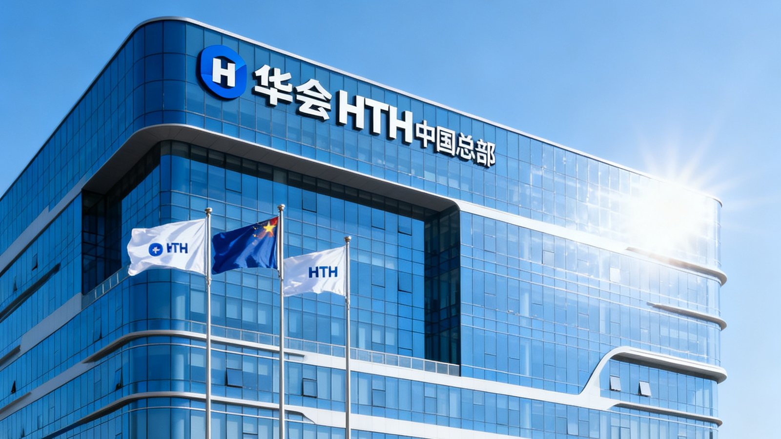 华体会HTH中国总部办公大楼外观，现代化玻璃幕墙建筑在晴日下熠熠生辉，楼前飘扬着公司旗帜，彰显企业实力与专业形象