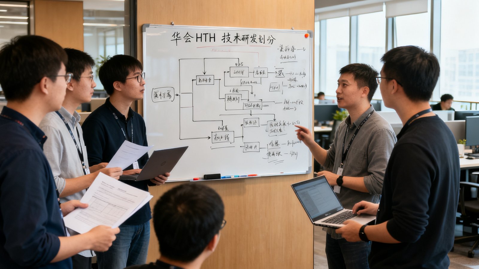 华体会HTH技术研发团队在开放式办公区协作开发，白板上写满架构设计图，程序员们正在讨论新一代系统的模块划分方案