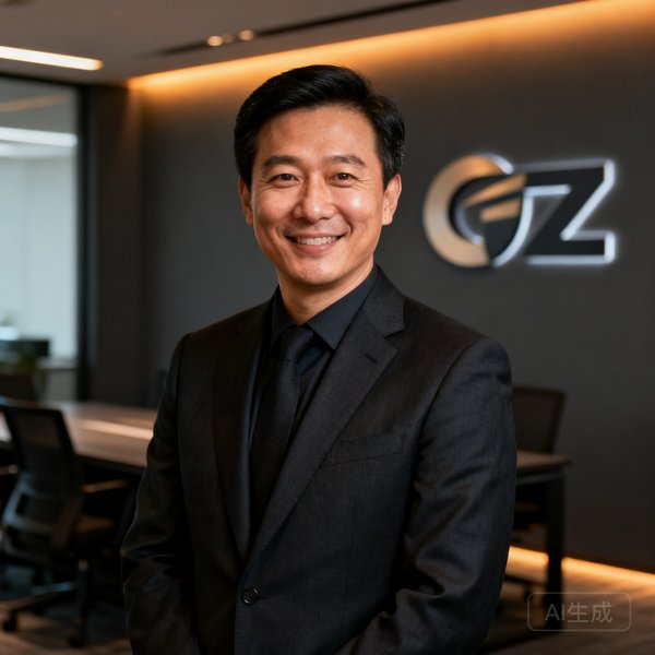 华体会HTH创始人兼CEO张磊的肖像照，他身穿深色西装面带微笑，背景为公司办公环境，展现沉稳专业的企业家形象