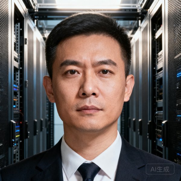 华体会HTH安全总监王皓的正式照片，他神情严肃而自信，背景是数据中心的机架设备，凸显安全防护的专业性